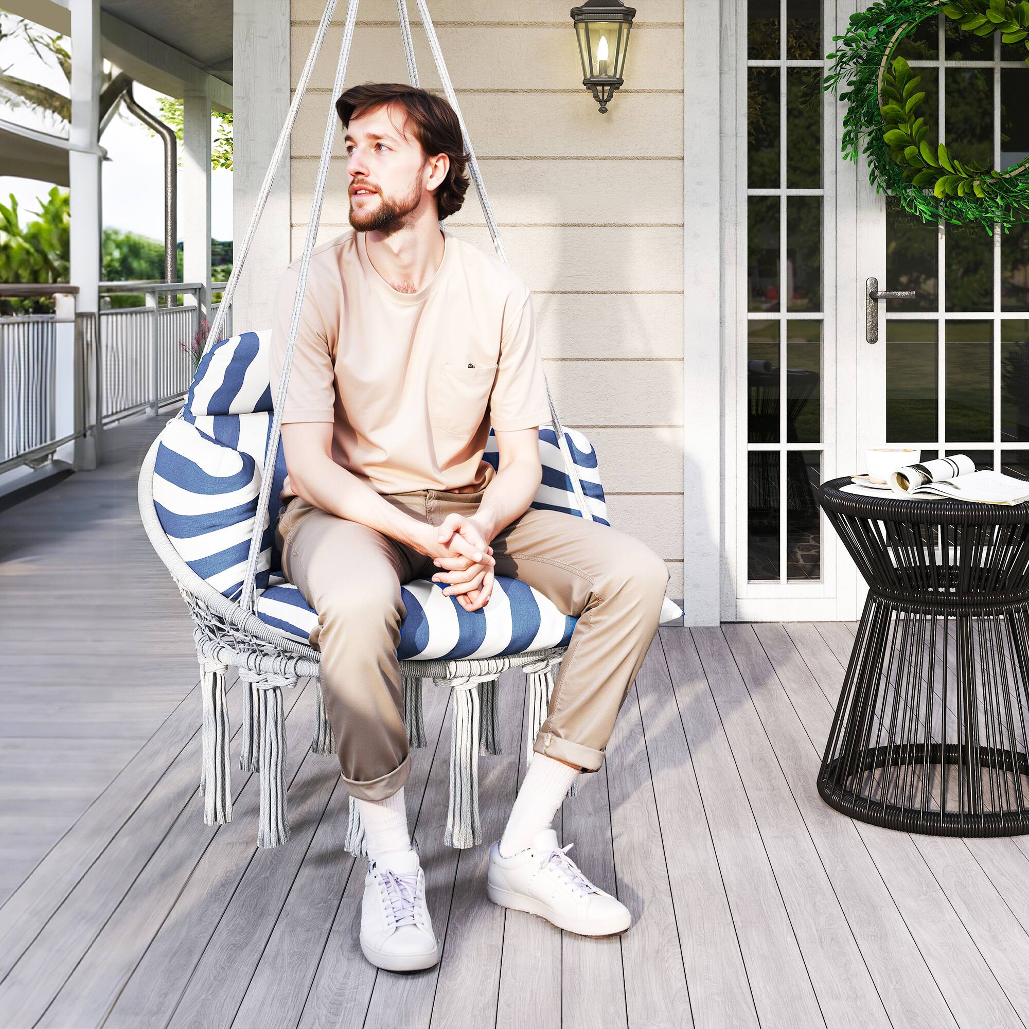 Alt View 7. Outsunny - Swing Chair, Macrame Hanging Chair with Large Cushion, Chain, Steel Frame for Indoor Outdoor Use - Blue and White.