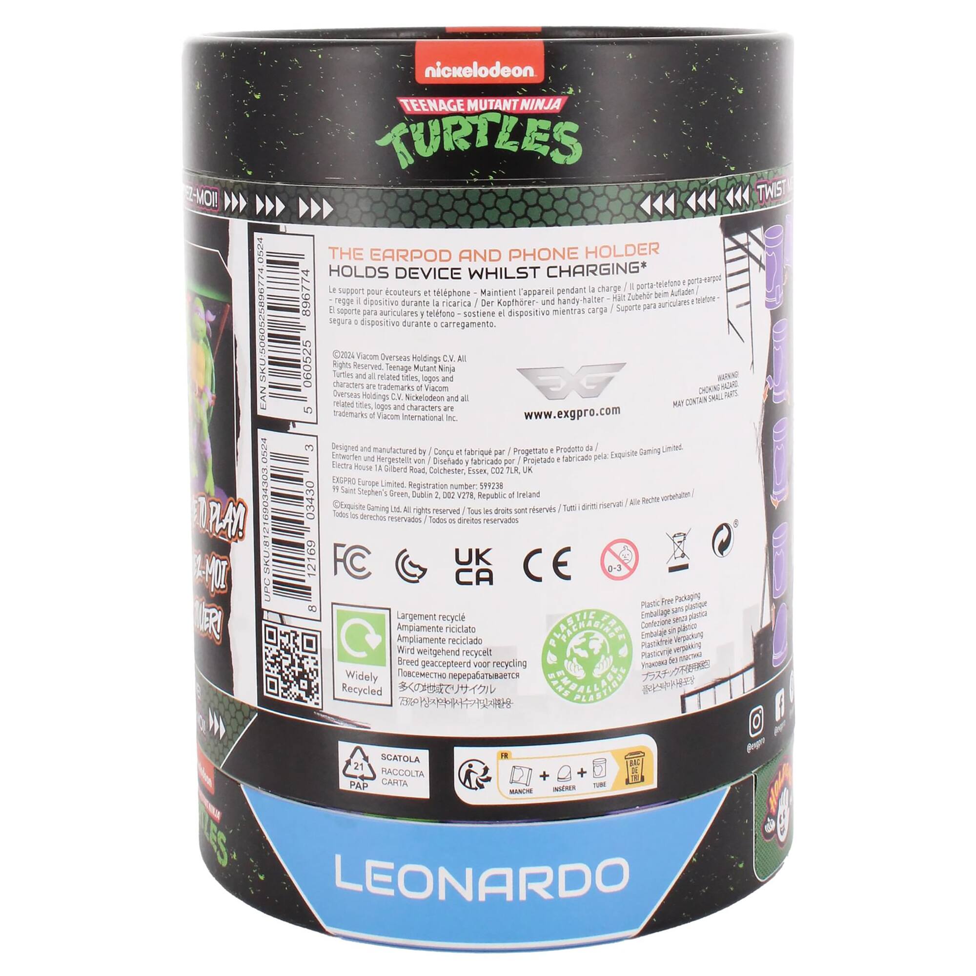 The text on the image is in French, so I cannot group and correct it. However, I can provide a general description of the image. The image features a blue and black container with a green and white label. The label displays the name "Leonardo" and has a barcode. The container is likely designed to hold a cell phone or other electronic devices, and it is associated with the Teenage Mutant Ninja Turtles franchise.