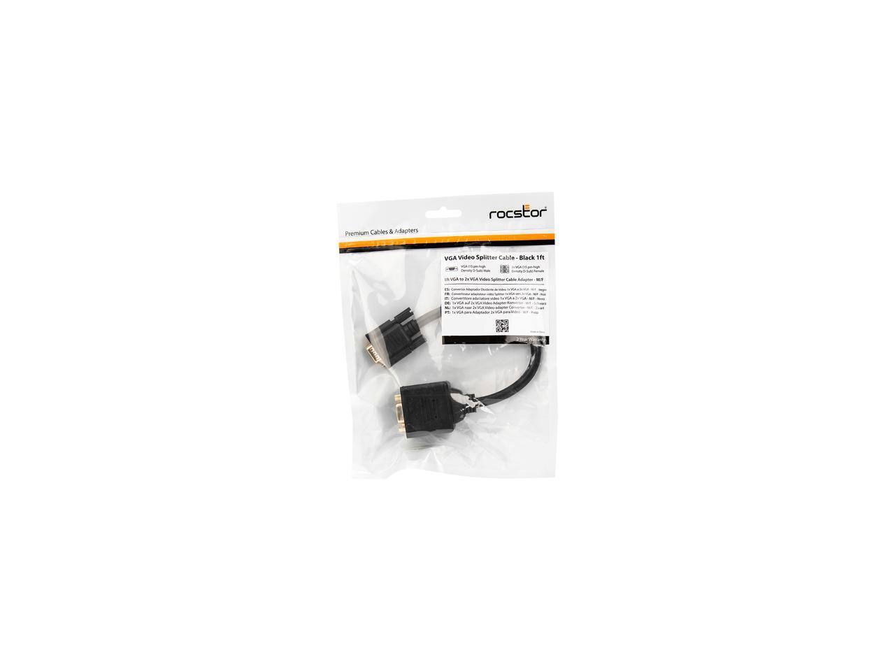 Premium Cables & Adapters  
roctstor  
VGA Video Splitter Cable - Black 1ft  
1x VGA to 2x VGA Video Splitter Cable Adapter - M/F  
Converts one VGA video signal to two VGA - VGA - VGA  
1x VGA to 2x VGA Video Splitter Cable - 1ft