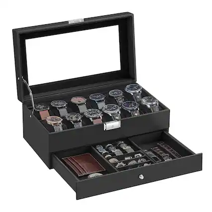 Front. Songmics Home - 12-Slot Watch Box – Double-Layer Organizer with Glass Lid Black Synthetic Leather - Black.