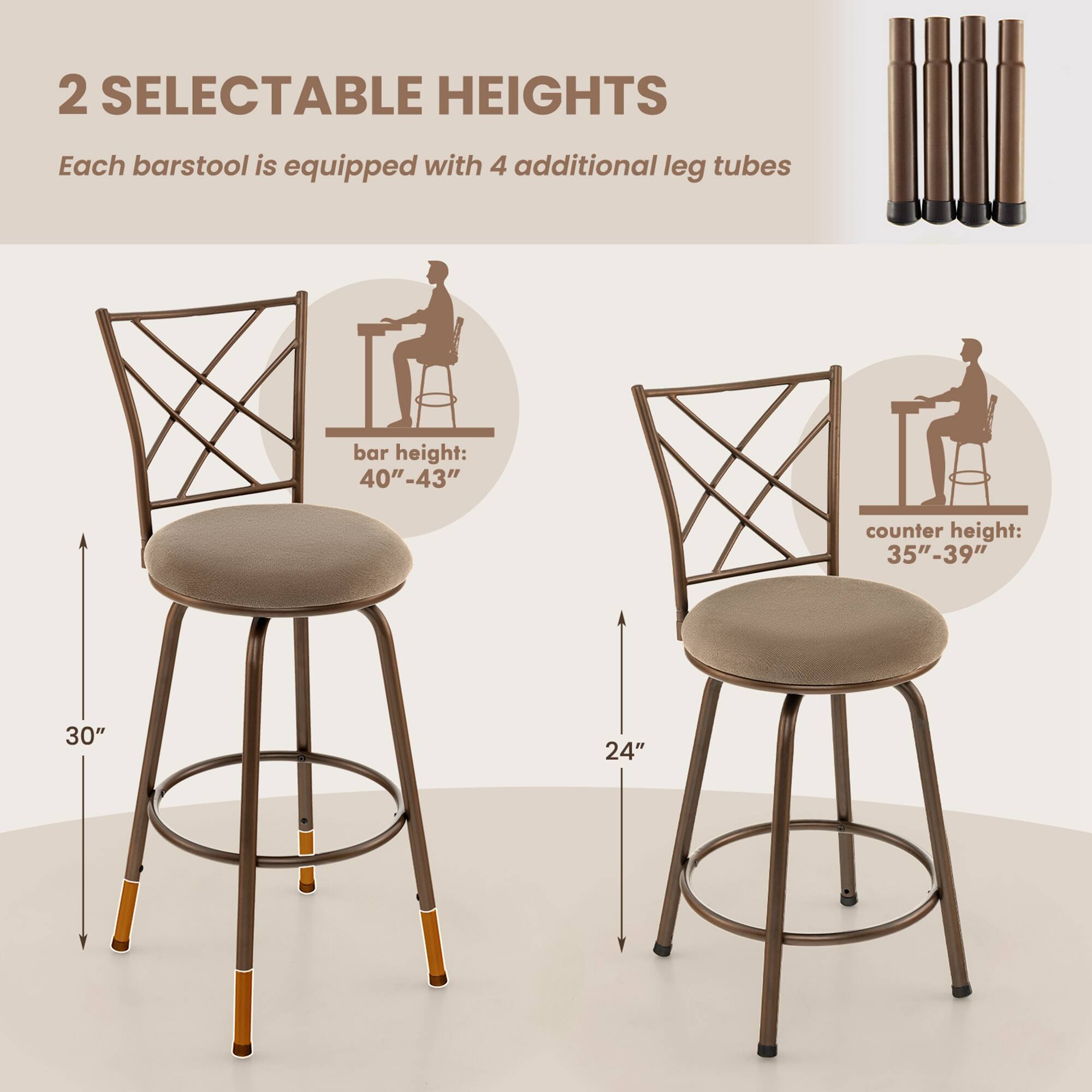 2 SELECTABLE HEIGHTS

Each barstool is equipped with 4 additional leg tubes

bar height: 40"-43"

counter height: 35"-39"

30"

24"