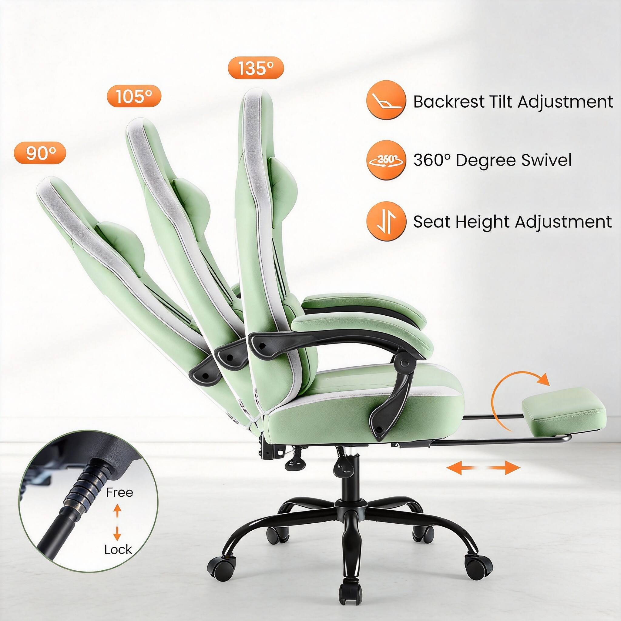 - Backrest Tilt Adjustment: 90°, 105°, 135°
- 360° Degree Swivel
- Seat Height Adjustment
- Free Lock
