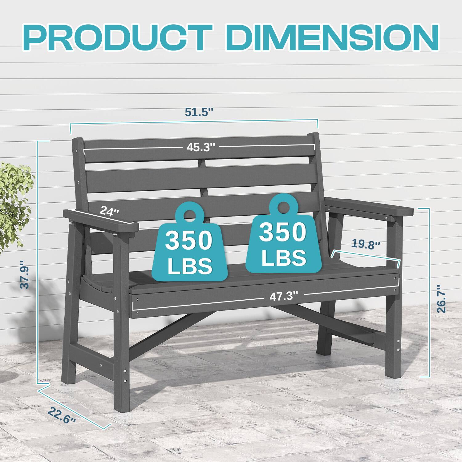 PRODUCT DIMENSION

- 51.5"
- 45.3"
- 37.9"
- 24"
- 350 LBS
- 350 LBS
- 47.3"
- 19.8"
- 26.7"
- 22.6"