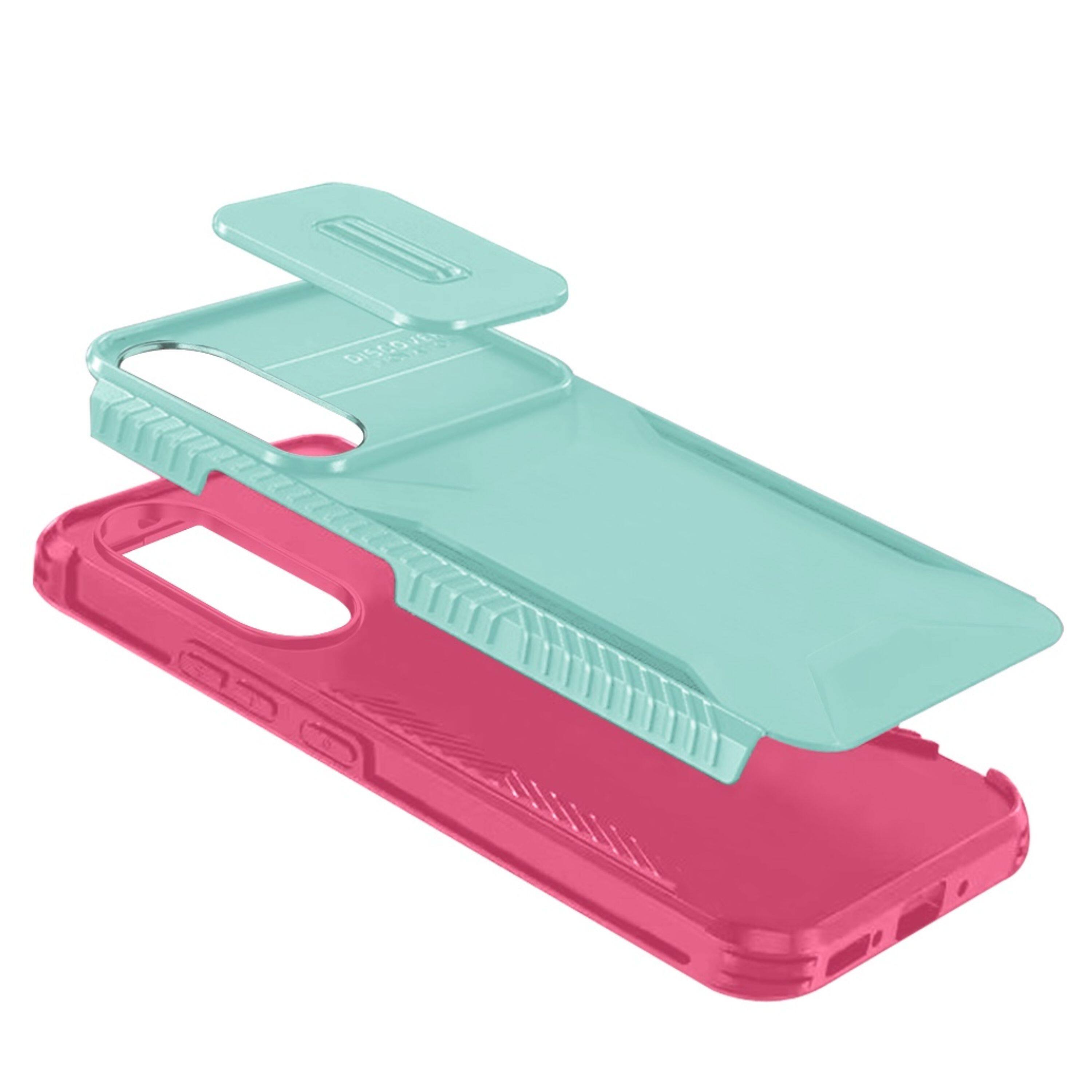 Angle. Kitcheniva - Rugged Side Grip Case With Sliding Lens Cover & Tempered Glass For Samsung S25 Edge Teal/Hot Pink - Teal/ Hot Pink.