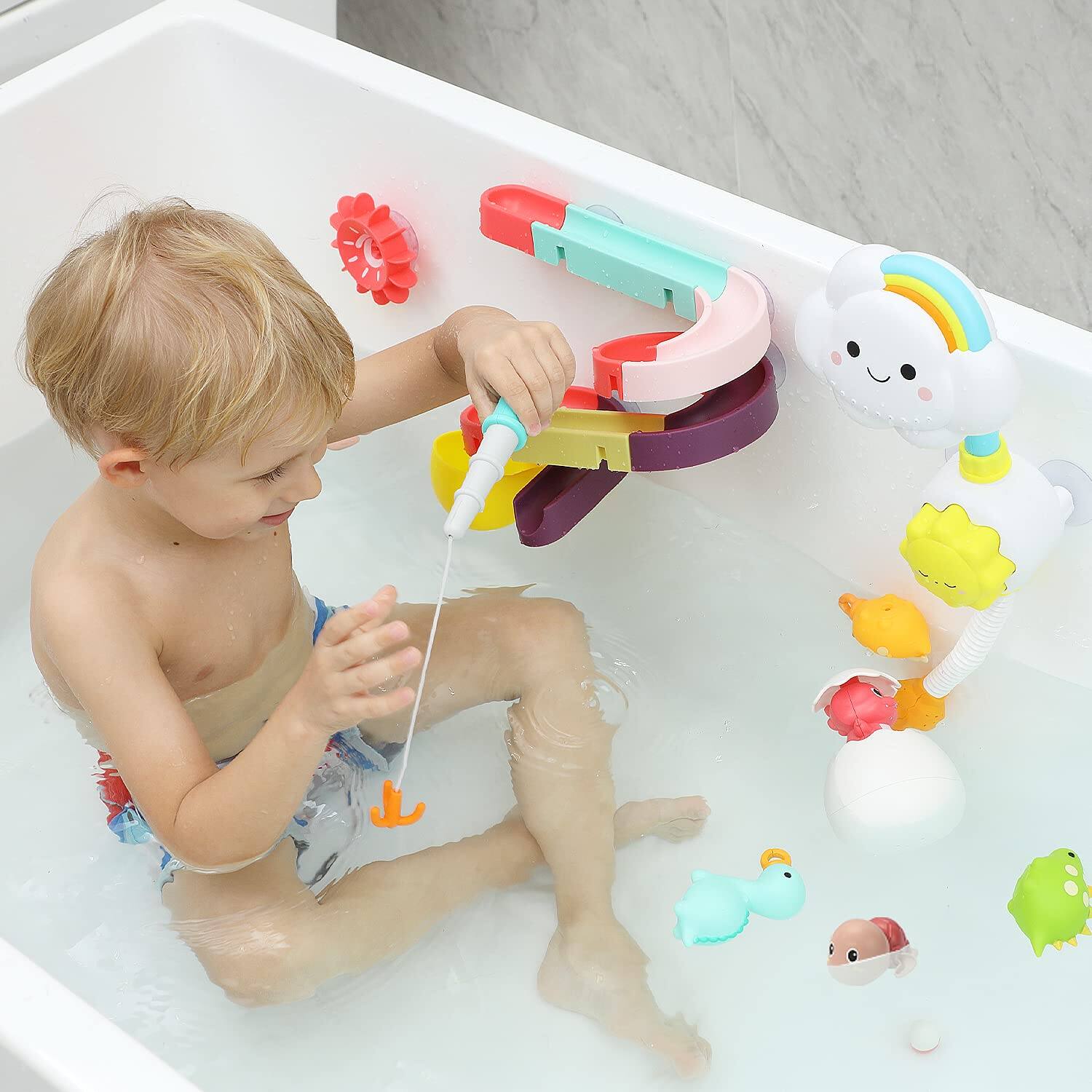Alt View 3. CUTE STONE - 33 PCS Bath Toys for Toddlers, Bathtub Toy Set with Shower, Marble Run, Fishing Game, Floating Dinosaur & Duck Water Toy.