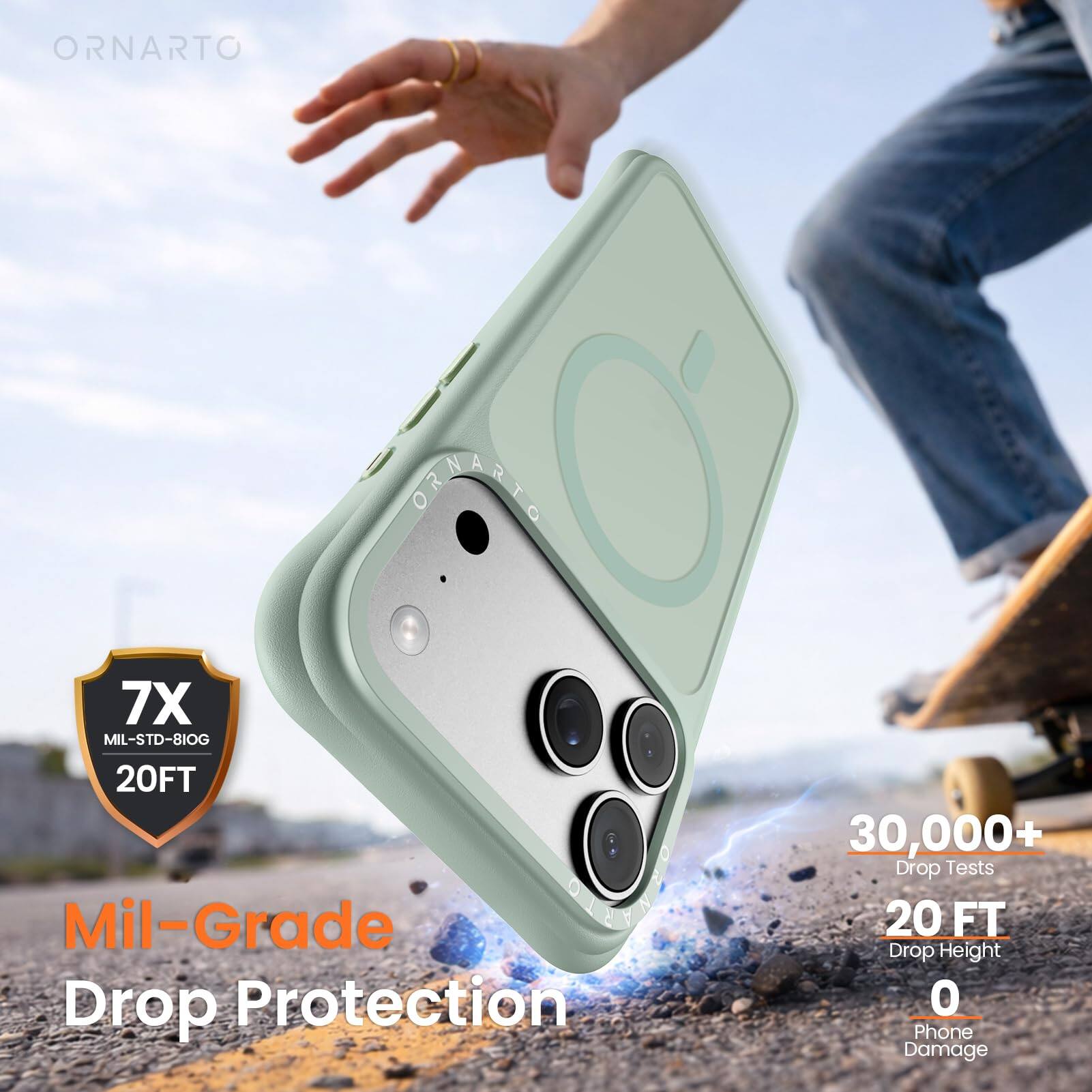 ORNARTO G 7X MIL-STD-810G 20FT Mil-Grade Drop Protection 30,000+ Drop Tests 20 FT Drop Height 0 Phone Damage