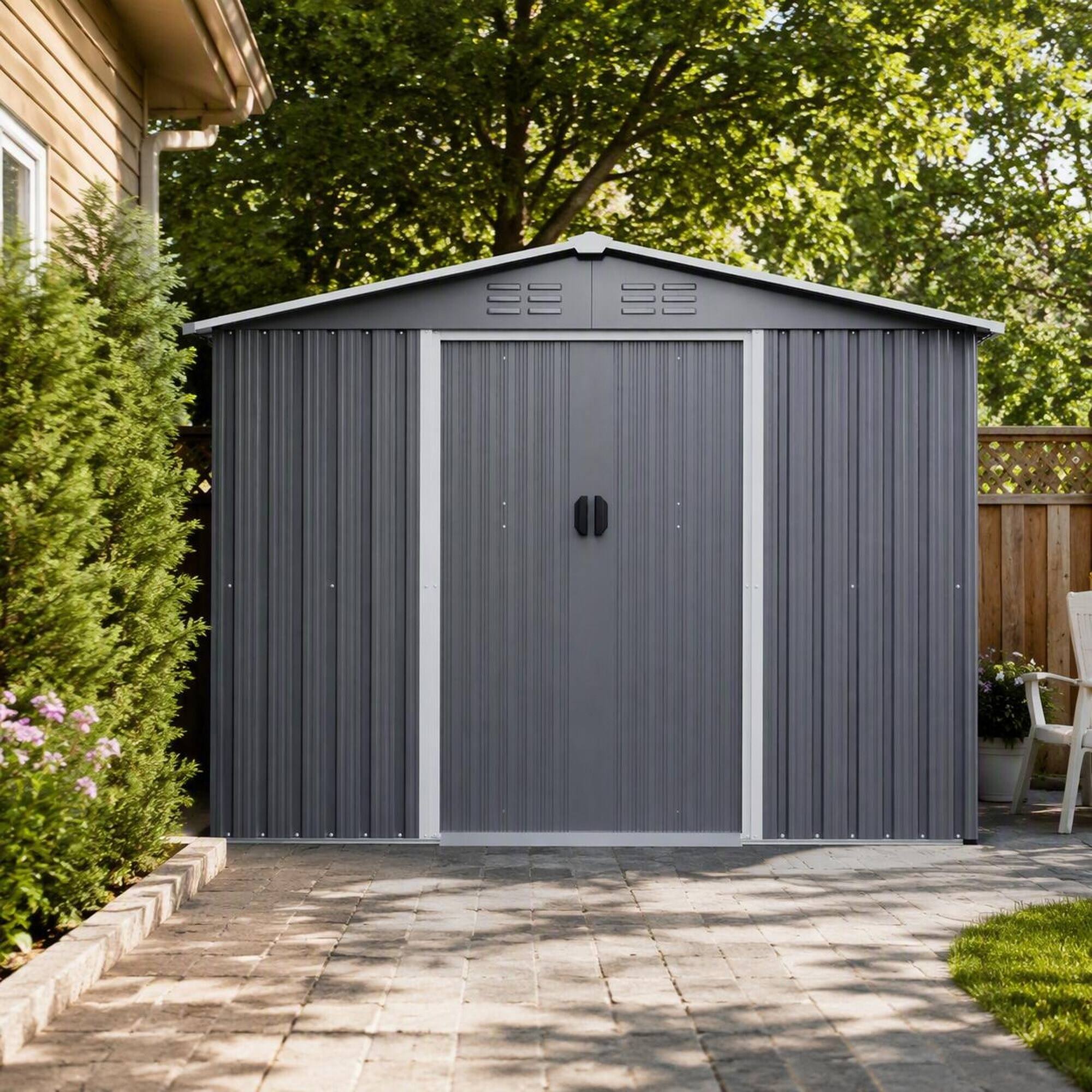 Left. RYHNUYNE - 8x6 ft Steel Shed Metal Base Lockable Sliding Doors Weatherproof Garden Tool Gray - Gray.