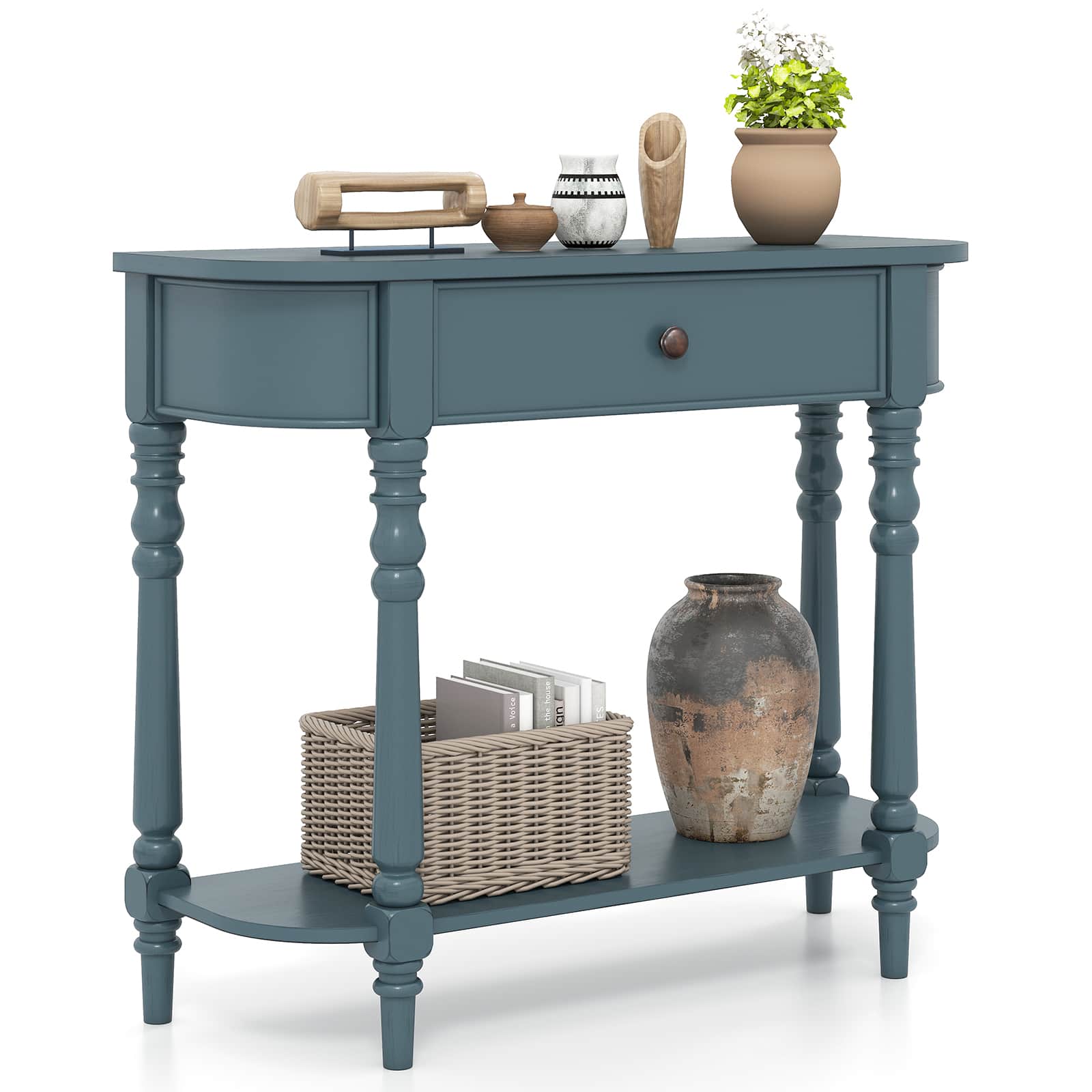 Gymax - Retro Console Table 36''L Wooden Entryway Table w/ Storage Drawer & Open Shelf - Blue