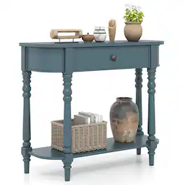 Gymax - Retro Console Table 36''L Wooden Entryway Table w/ Storage Drawer & Open Shelf - Blue