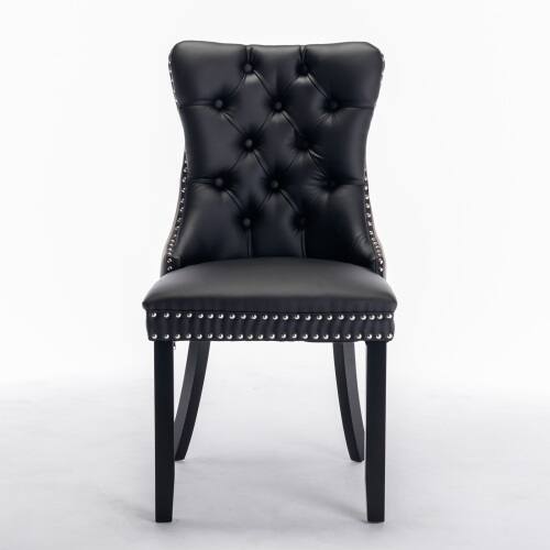 Angle. LUCKY ONE - Assembled Tufted PU Velvet Dining Chair Set of 2 with Wood Legs Nailhead Trim High Back - Black+ Gray.