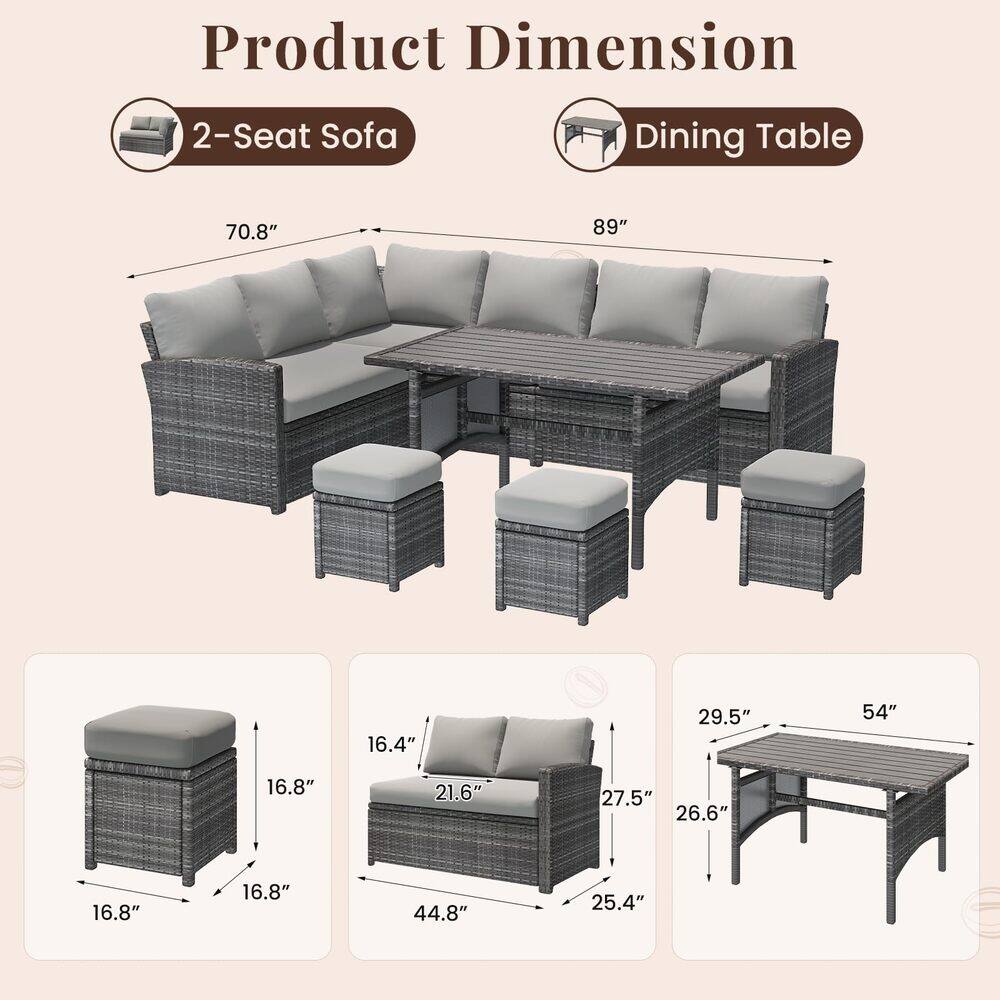 Product Dimension

2-Seat Sofa
- Length: 70.8"
- Width: 89"
- Seat Height: 16.8"
- Armrest Height: 21.6"
- Back Height: 27.5"
- Depth: 25.4"

Dining Table
- Length: 54"
- Width: 29.5"
- Height: 26.6"

Ottoman
- Height: 16.8"
- Width: 16.8"
- Depth: 16.8"