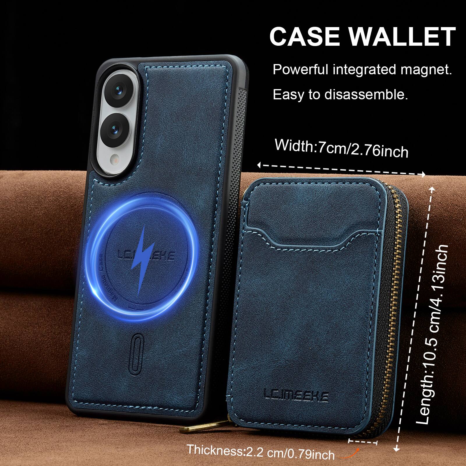 CASE WALLET  
Powerful integrated magnet.  
Easy to disassemble.  

Width: 7cm/2.76inch  
Thickness: 2.2 cm/0.79inch  
Length: 10.5 cm/4.13inch