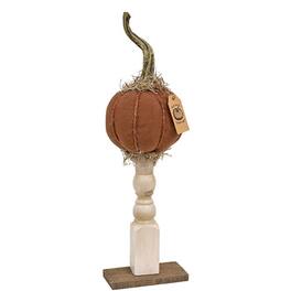 BreeBe - Primitive Mossy Top Pumpkin on Pedestal - 16"H - Dark Orange, natural