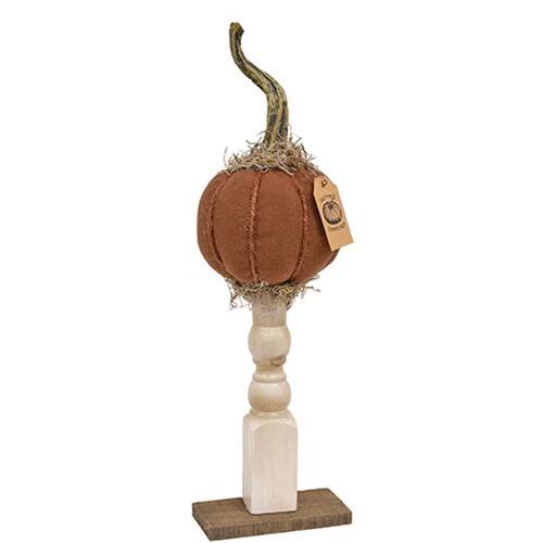 Front. BreeBe - Primitive Mossy Top Pumpkin on Pedestal - 16"H - Dark Orange, natural.