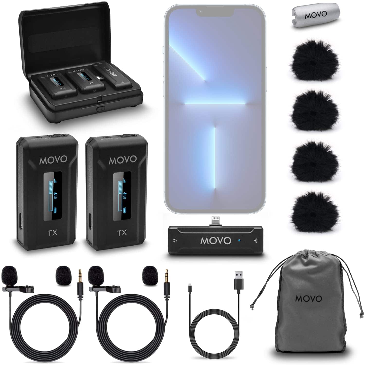 MOVO - WMX-2-L-DUO Dual Wireless Lavalier Microphone with Charging Case for iPhone 14 and below