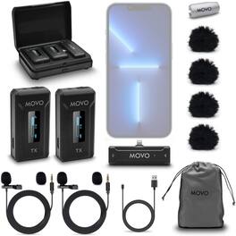 MOVO - WMX-2-L-DUO Dual Wireless Lavalier Microphone with Charging Case for iPhone 14 and below