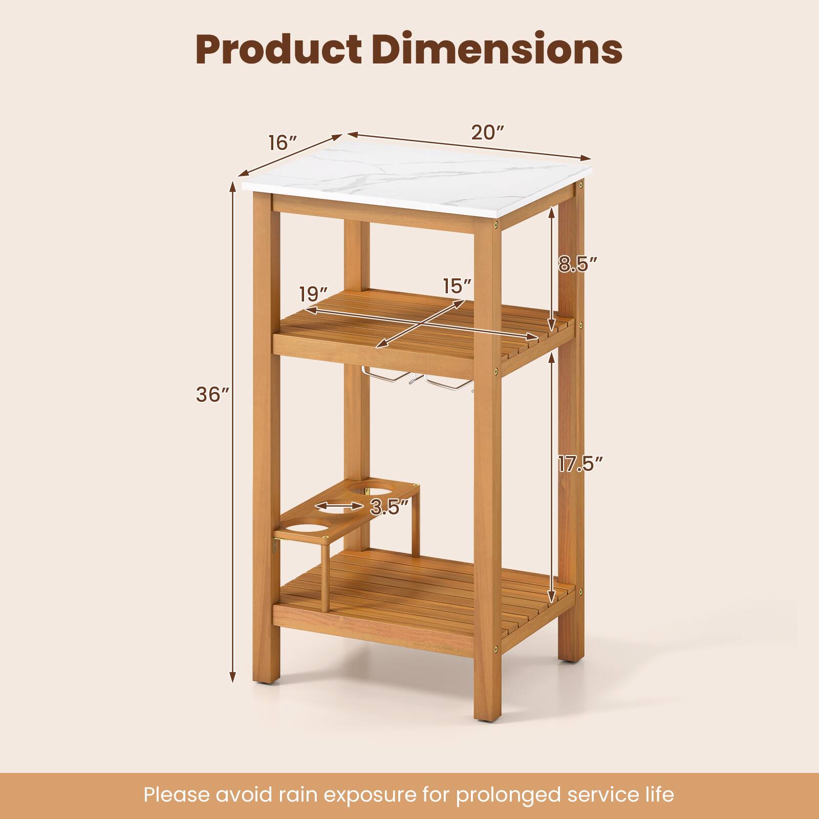 Product Dimensions

- Length: 20"
- Width: 16"
- Height: 36"
- Top Shelf Depth: 19"
- Top Shelf Height from Floor: 17.5"
- Middle Shelf Depth: 15"
- Middle Shelf Height from Floor: 8.5"
- Bottom Shelf Depth: 3.5"

Please avoid rain exposure for prolonged service life
