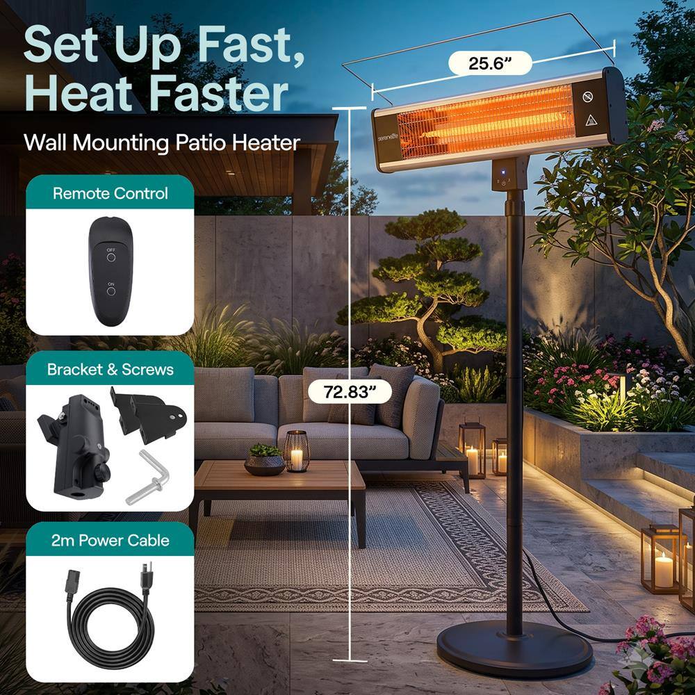 Set Up Fast, Heat Faster Wall Mounting Patio Heater

- Remote Control
- Bracket & Screws
- 2m Power Cable

Dimensions:
- 25.6"
- 72.83"
