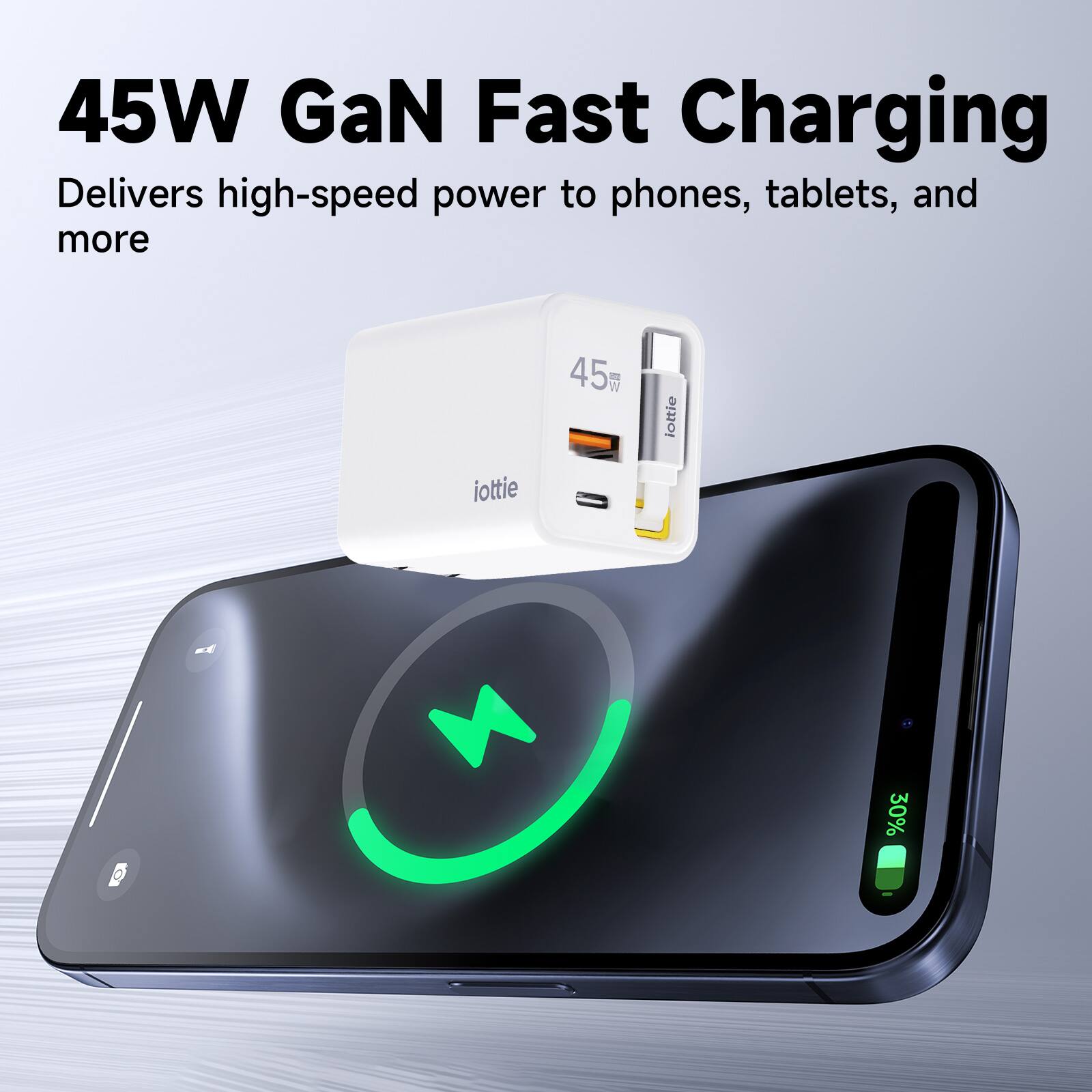 45W GaN Fast Charging Delivers high-speed power to phones, tablets, and more