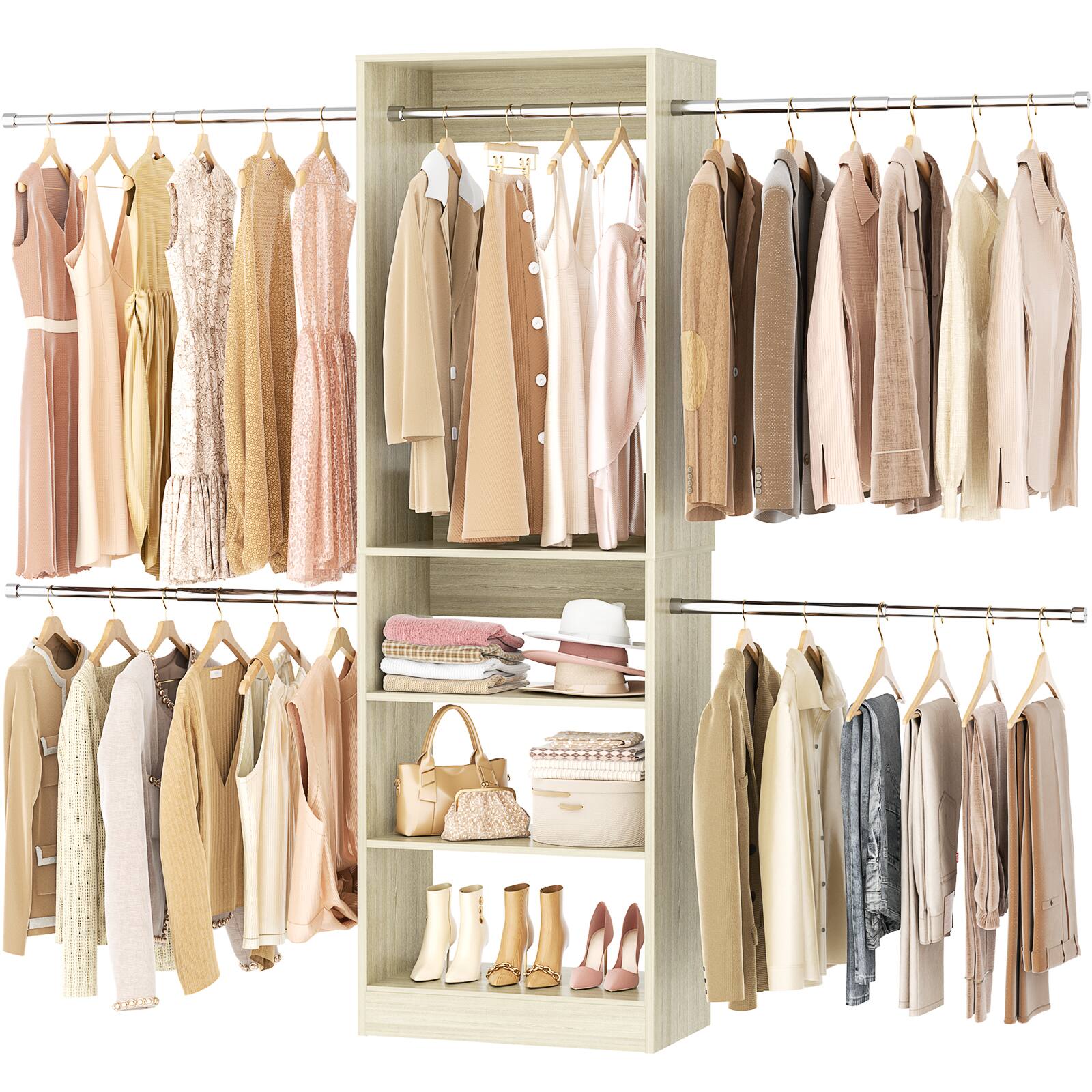Angle. Aheaplus - 4.5-10ft Walk-In Closet Organizer: 5 Adjustable Rods & Shelving Tower, Wood Storage System - White Oak.