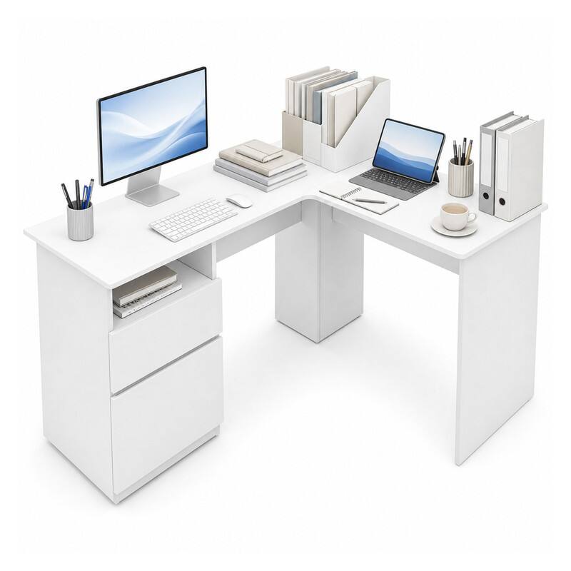 Left. WELLFOR - 59" L Shape Desk with Letter File Drawer & Open Shelf, Modern Computer Desk for Home Office - White.