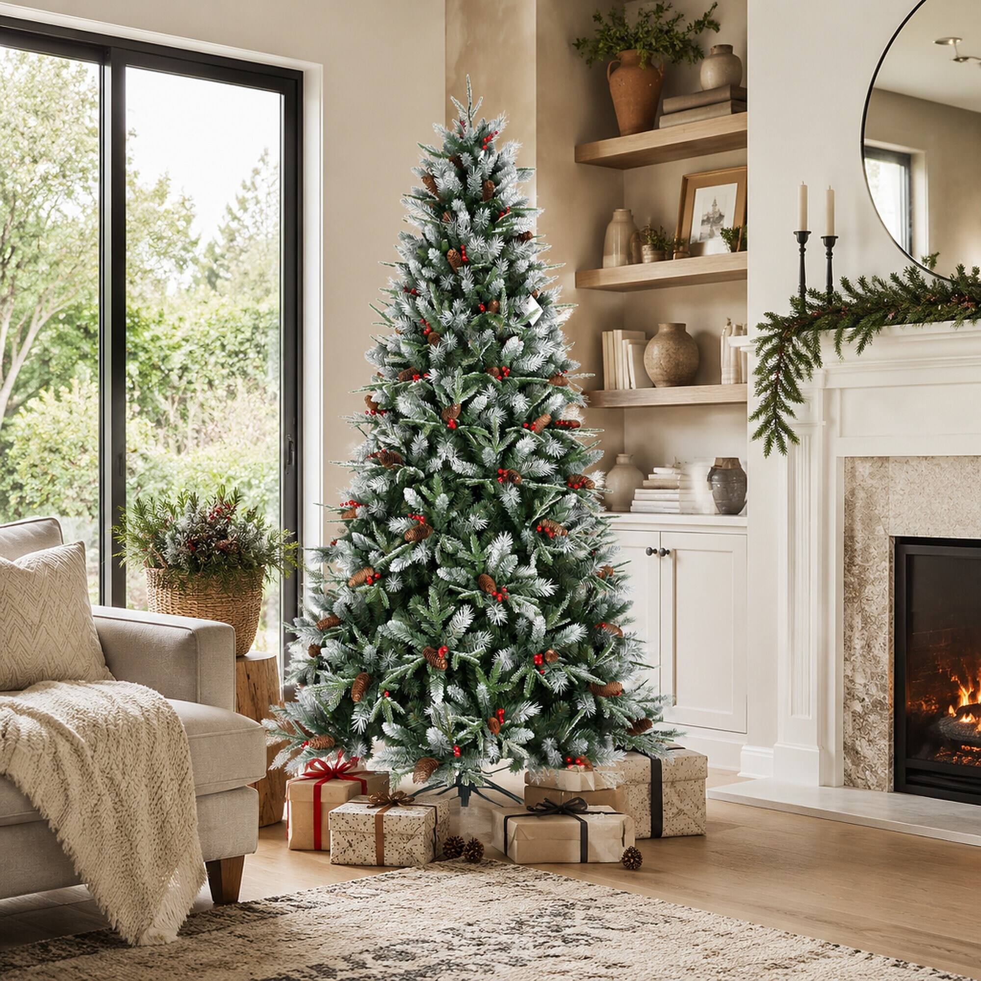 Back. RYHNUYNE - 7.5FT Christmas Tree With Red Berries Pine Cones, 2514 Snow-Dusted PE+PVC Branches Hinged Design Sturdy Metal Stand - Green,White.
