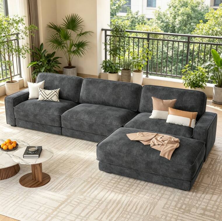 Front. Dyonery - 120" Oversized L-Shaped Modular Sectional Sleeper Sofa,Grey Chenille Modern 4-Seater Sectional Couch - Gray.