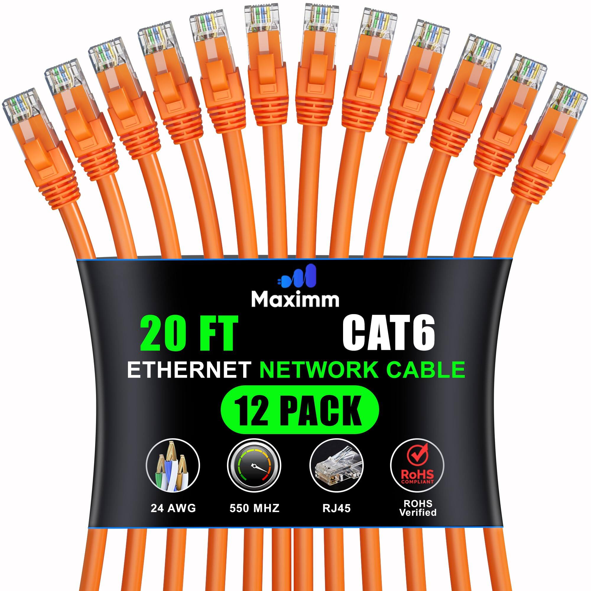 Maximm 20 FT CAT6 Ethernet Network Cable 12 Pack RoHS Compliant 24 AWG 550 MHz RJ45 RoHS Verified