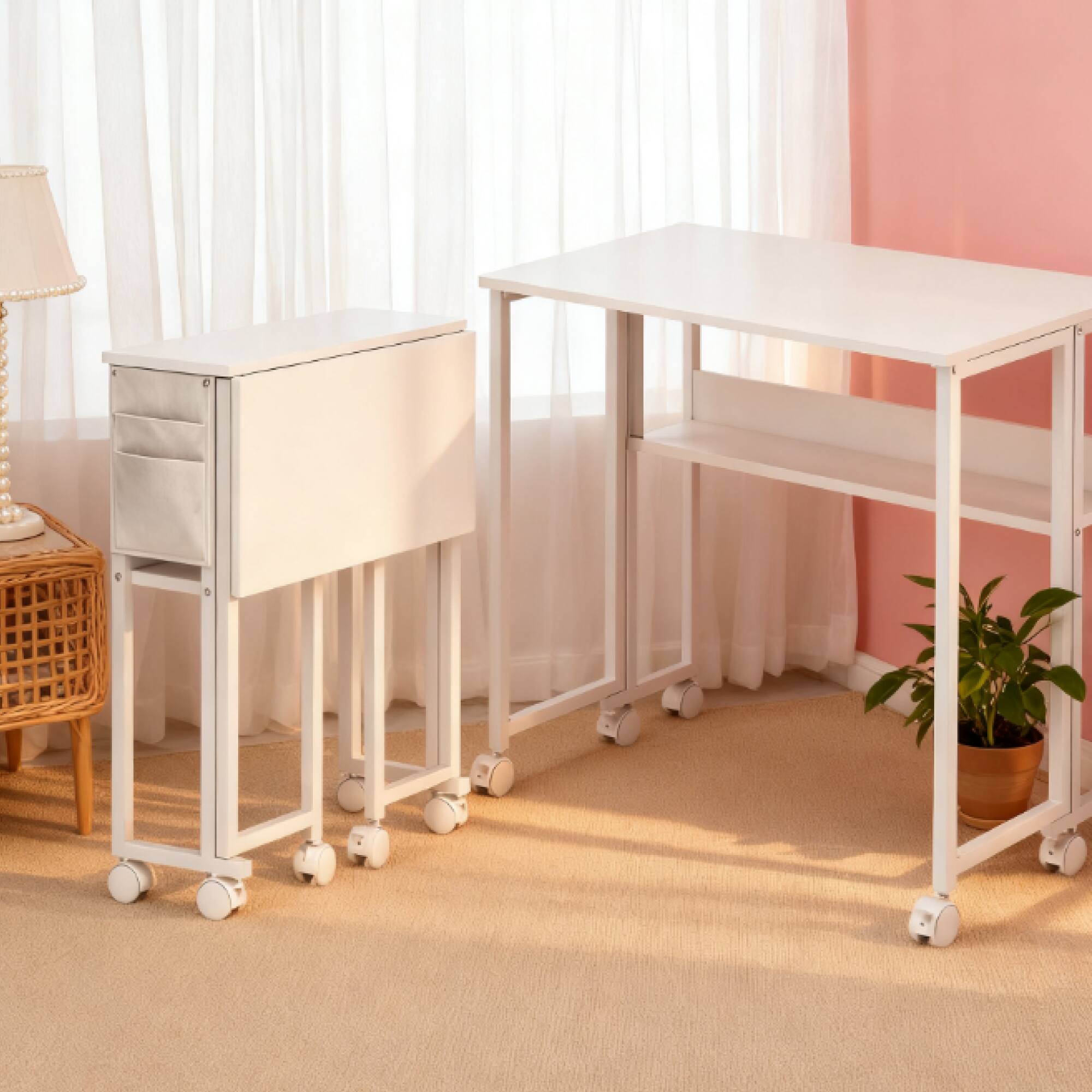 Alt View 1. GOODSILO - Space-Saving Foldable Computer Desk with Storage Shelf and Mobile Wheels for Compact Home Office - White.