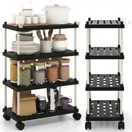 Kadyn - 4-Tier Kitchen Slim Storage Cart with Lockable Wheels-Black, Kitchen Island, Island Table for Kitchen,Dinning Room - Black
