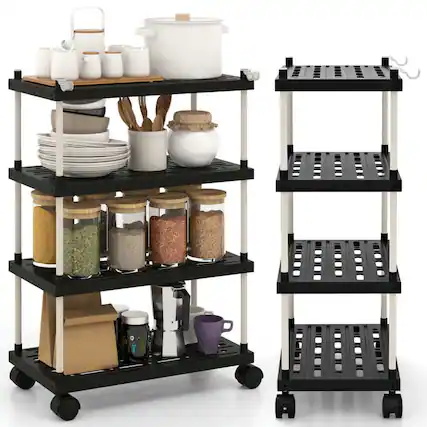 Front. Kadyn - 4-Tier Kitchen Slim Storage Cart with Lockable Wheels-Black, Kitchen Island, Island Table for Kitchen,Dinning Room - Black.