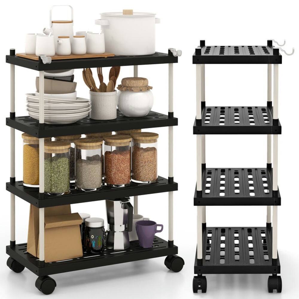 Front. Kadyn - 4-Tier Kitchen Slim Storage Cart with Lockable Wheels-Black, Kitchen Island, Island Table for Kitchen,Dinning Room - Black.