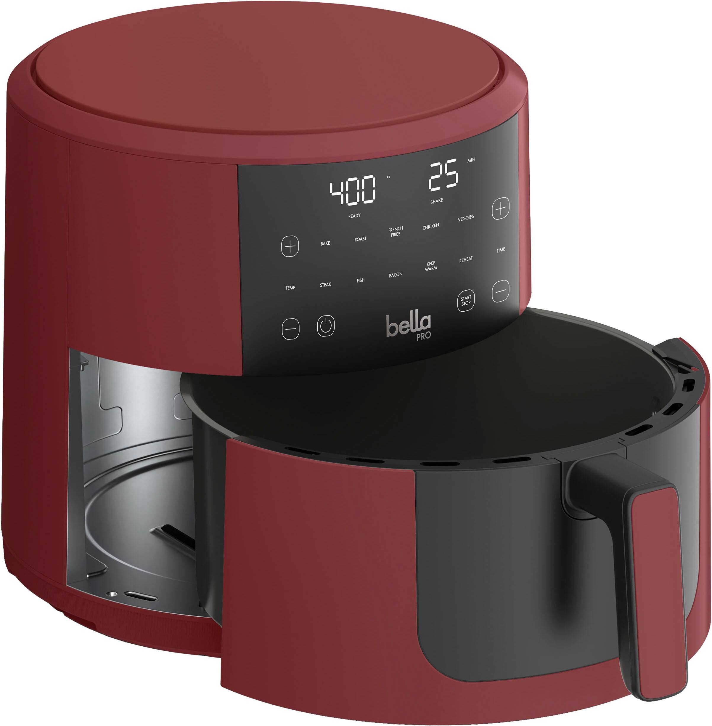 The image features a red Bella Pro appliance, which has a digital display showing the time and temperature. The appliance is designed for cooking and heating purposes, and it is currently set at 400 degrees. The display also shows that the appliance is set to 25 seconds.