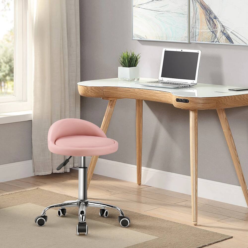 Alt View 1. KKTONER - KKTONER PU Leather Round Rolling Stool with Back Rest Height Adjustable Swivel Drafting SPA Task Chair with Wheels Pink - Pink.