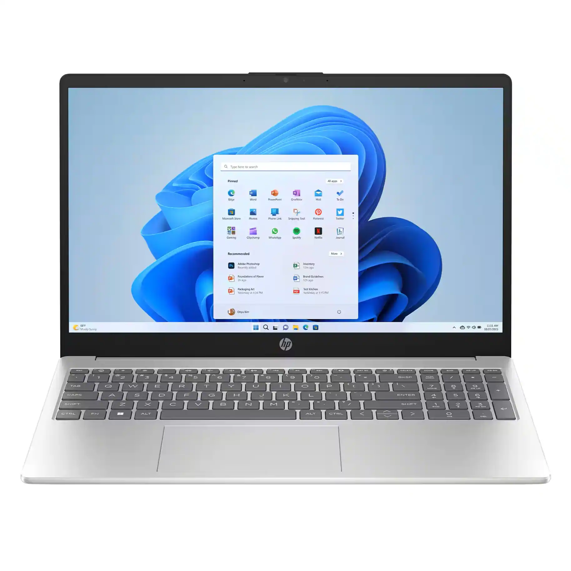 The image features a white HP laptop computer with a blue background. The laptop screen displays a menu with icons for various applications. The laptop is open and ready for use, showcasing its sleek design and user-friendly interface.