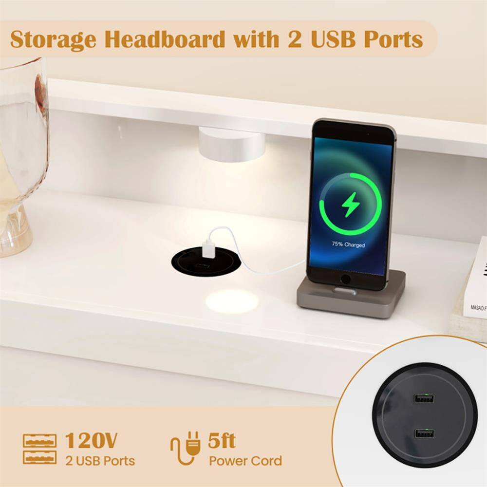 Storage Headboard with 2 USB Ports  
75% Charged  
120V  
2 USB Ports  
5ft Power Cord