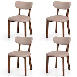 Costway - Upholstered Dining Chairs Set of 4 with Solid Rubber Wood Frame, Curved Backrest - Brown