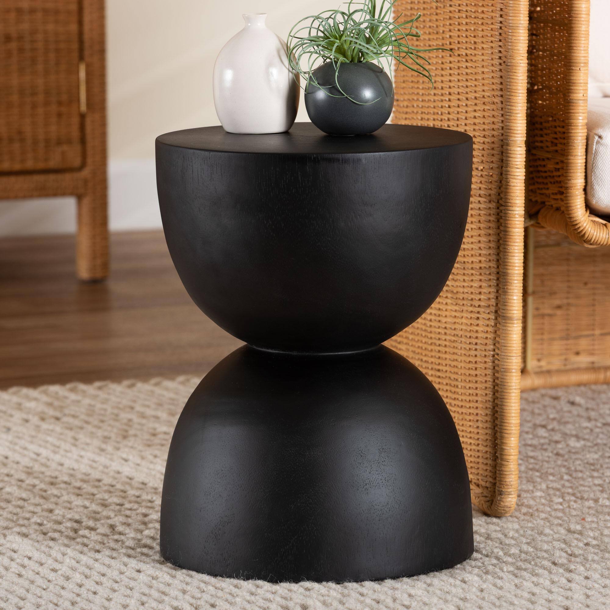 Alt View 1. bali & pari - Nomiki Solid Suar Wood Side Table - Hand-Carved Sculptural End Table with Hourglass Design, Modern Boho Style - Black.