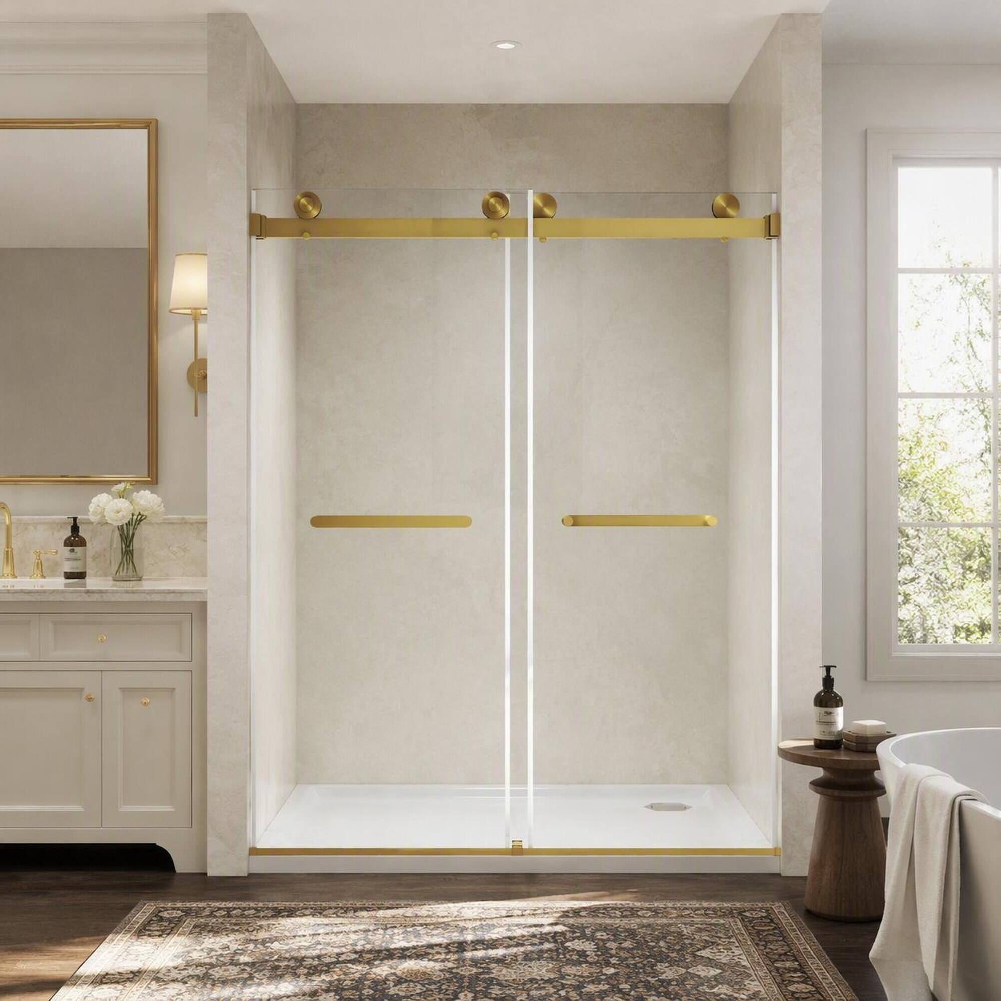 Back. RYHNUYNE - Frameless Double Sliding Shower Door 44-48" W X 74" H With 5/16" Tempered Glass, Brushed Gold Hardware - Brushed Gold.