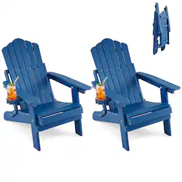 Gymax - 2PCS Folding Adirondack Chair w/ 5-Level Backrest Wooden Textured for Lawn Navy - Blue