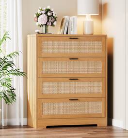Acekool - 4 Drawer Dresser for Bedroom, Rattan Chest of Dressers, Modern Wood Tall Dresser with Power Outlets - Brown