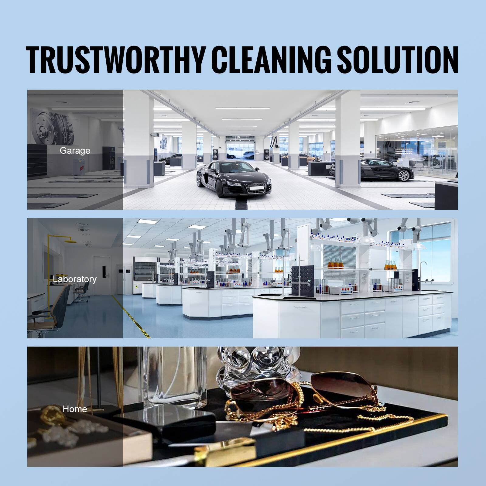 TRUSTWORTHY CLEANING SOLUTION

Garage

Laboratory

Home