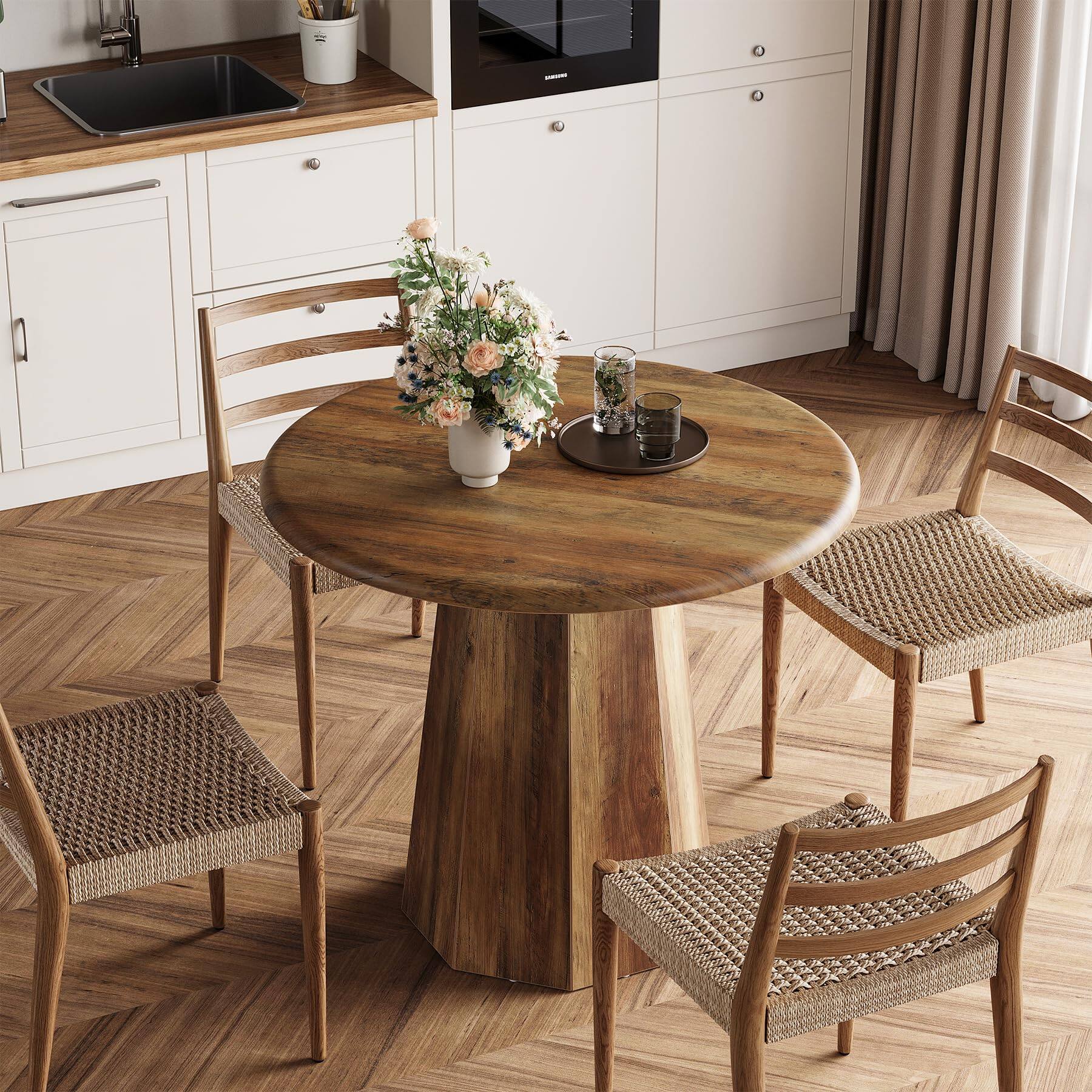 Alt View 3. Tribesigns - LITTLE TREE 31.5" Round Dining Table for 4, Wood Kitchen Table with Wooden Tabletop and Octagonal Base for Dining Room, - Deep Brown.