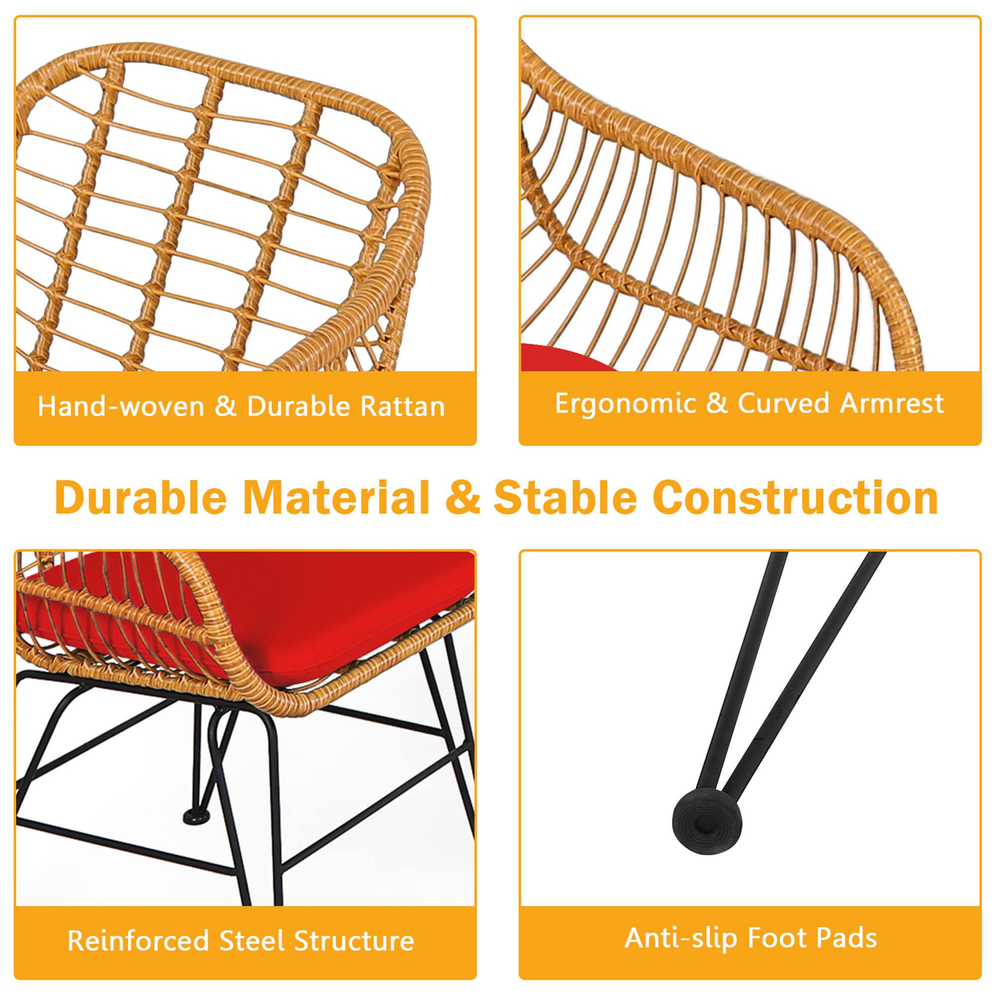 - Hand-woven & Durable Rattan
- Ergonomic & Curved Armrest
- Durable Material & Stable Construction
- Reinforced Steel Structure
- Anti-slip Foot Pads
