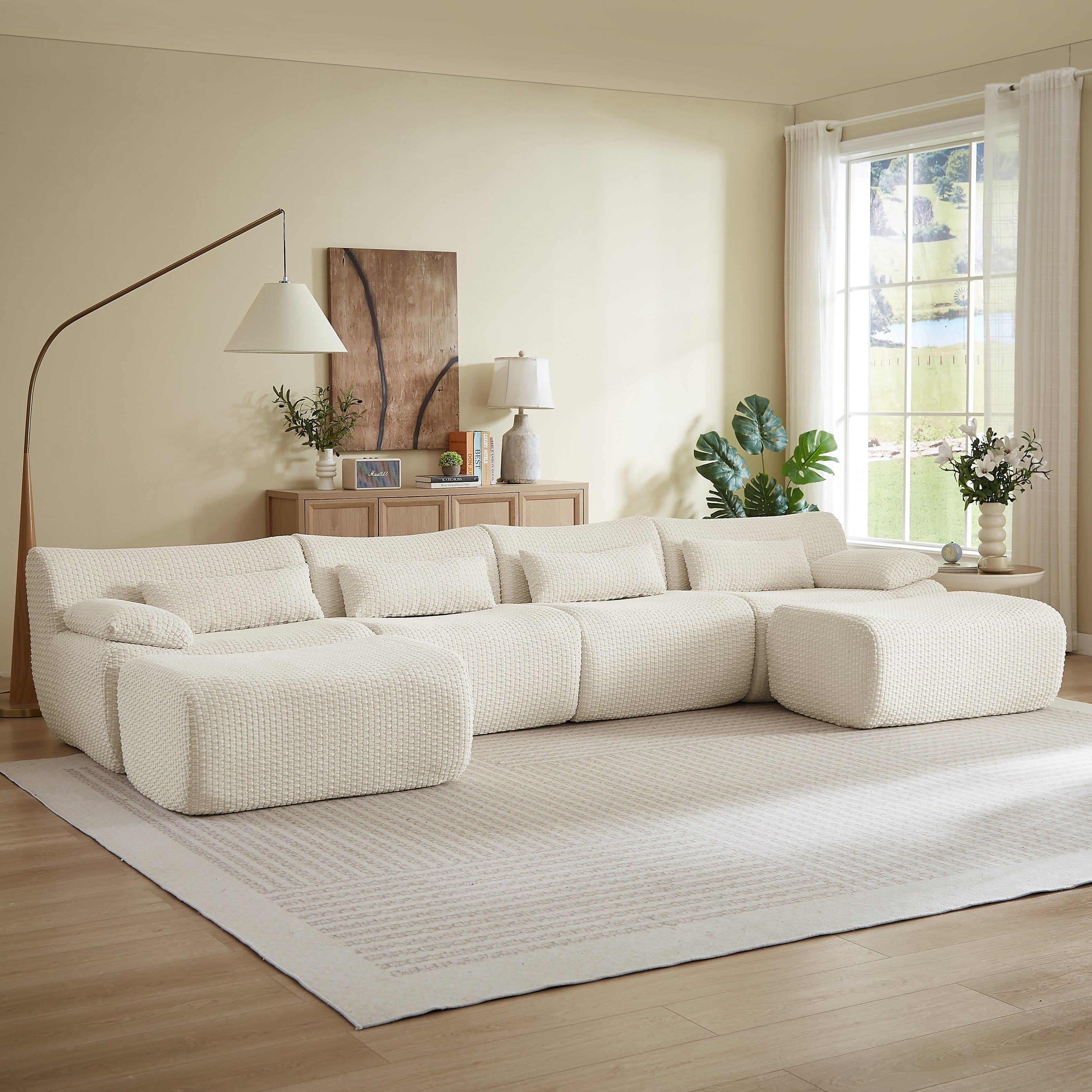 Anysun - 6 Seat U-Shape Convertible Sectional Couch with Ottoman, Cloud Comfort Corduroy Fabric Sofa for Living Room - Cream