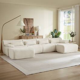 Anysun - 6 Seat U-Shape Convertible Sectional Couch with Ottoman, Cloud Comfort Corduroy Fabric Sofa for Living Room - Cream
