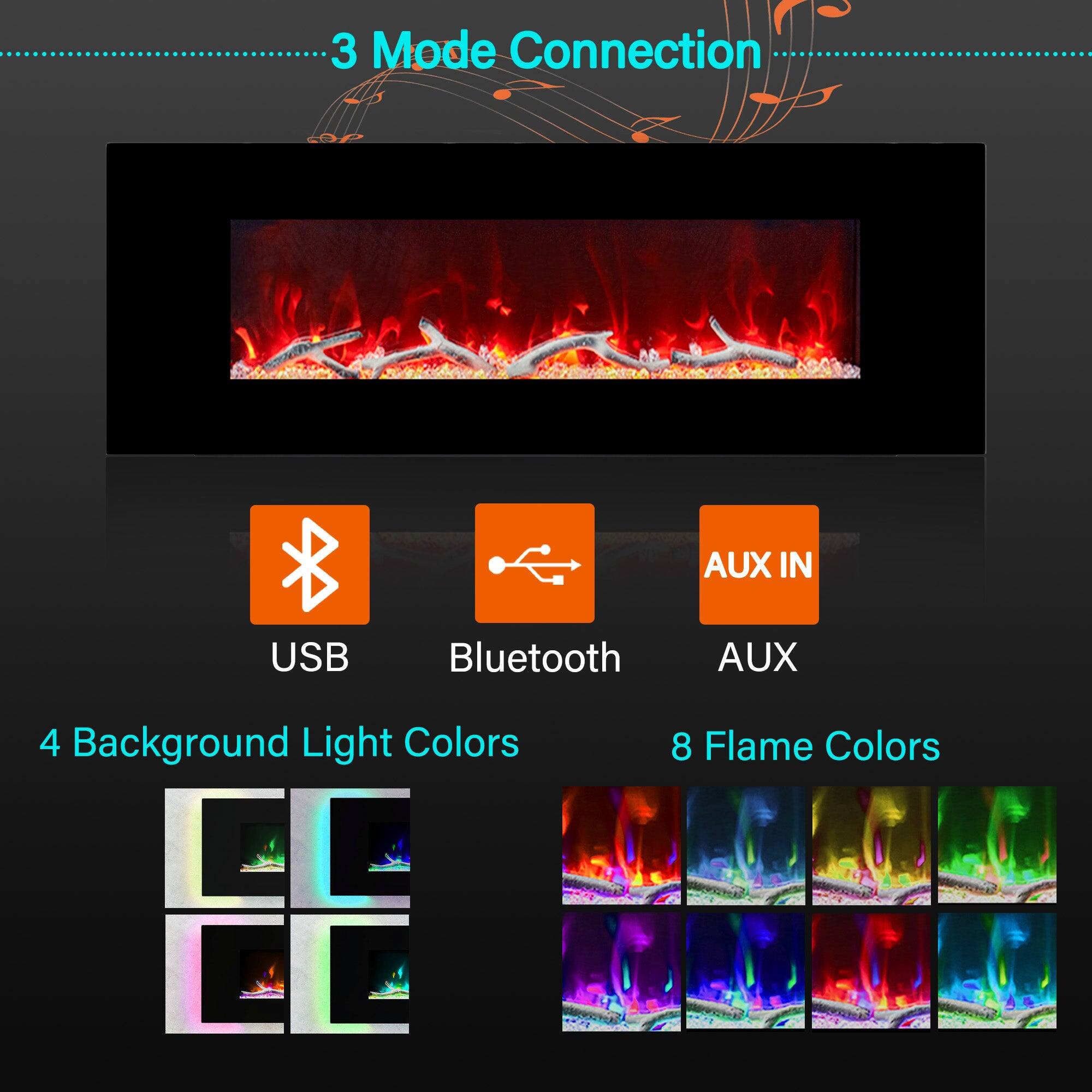 3 Mode Connection USB Bluetooth AUX IN 4 Background Light Colors 8 Flame Colors