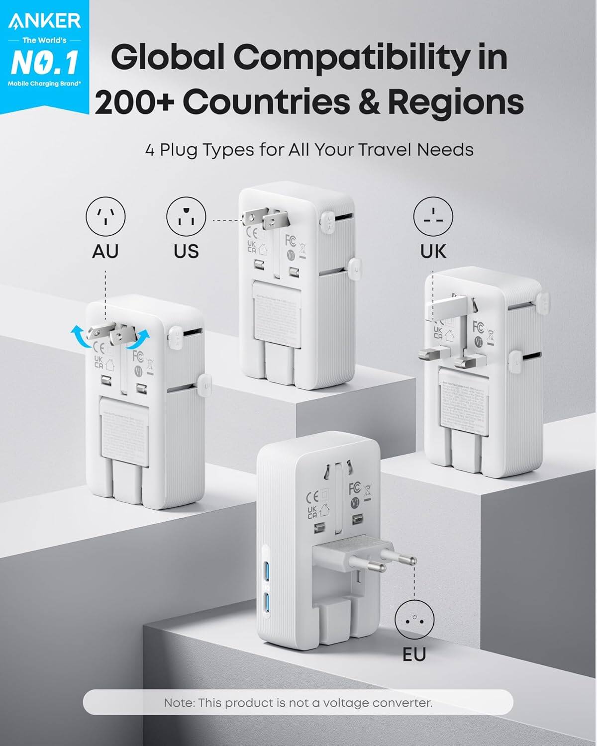ANKER The World's NO.1 Global Compatibility in Mobile Charging Brand 200+ Countries & Regions 4 Plug Types for All Your Travel Needs AU US CE UK UK CA FC EU Note: This product is not a voltage converter.