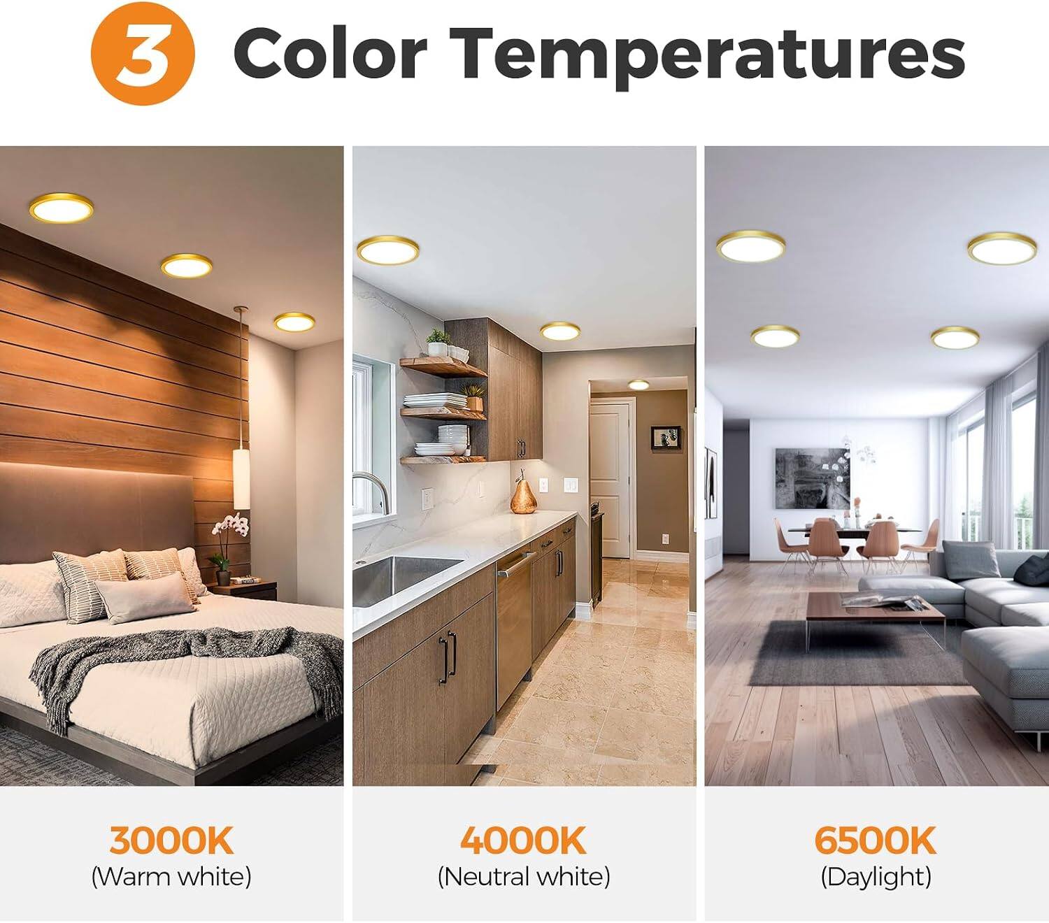 3 Color Temperatures
3000K (Warm white)
4000K (Neutral white)
6500K (Daylight)