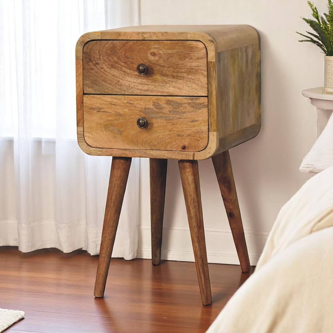 Angle. Artisan Furniture - Artisan Furniture Solid Wood Mini Oak-ish Curved Nightstand, 2 Drawers, Nordic Legs, Light Brown - Oak.
